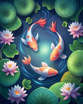 Colorful koi carps swimming gracefully in a serene pond, vibrant fish in a tranquil water garden, peaceful koi carps gliding through a calm pond among lotuses. Ai generated