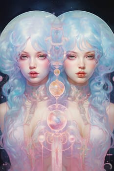 Sign of the zodiac Gemini in vibrant, holographic colors. Mysticism with a touch of surrealism. Astrological sign twins on dark background. Horoscope. Vertical format. Generative AI