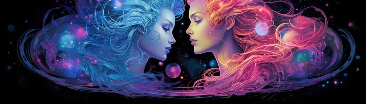 Sign of the zodiac Gemini in vibrant, holographic colors. Mysticism with a touch of surrealism. Astrological sign twins on dark background. Horoscope. Panoramic banner. Generative AI