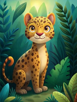 Cute little baby of leopard or jaguar sitting in a jungle. Illustration for babies, kids, children's books, nursery design. Ai generated.