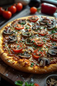 A Californiastyle pizza with mushrooms, tomatoes, and cheese on a wooden cutting board. A delicious dish made with fresh ingredients