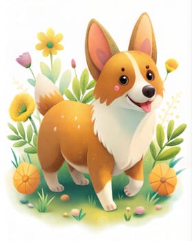 Happy corgi dog pet animal among garden flowers. Ai generated illustration