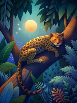 Cute jaguar or leopard sleeping on tree branch at night in jungle. Cartoon character on background. Ai generated illustration