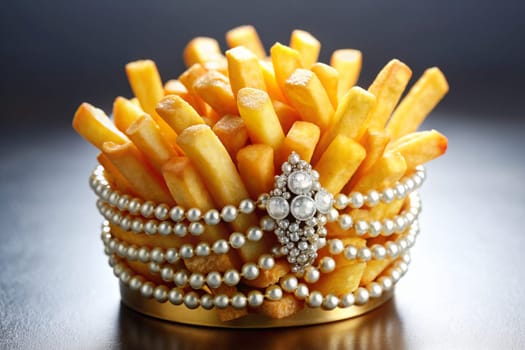 French fries in pearl and gems bowl. Luxury fast food concept. French fries crown. Ai generated image