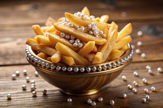 French fries in golden bowl with gems and crystals. Luxury fast food concept. French fries crown. Ai generated image