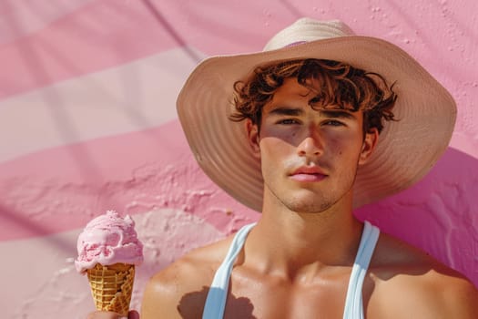 Headshot of a handsome gay man wearing a straw hat is holding a pink ice cream cone isolated on pink background.