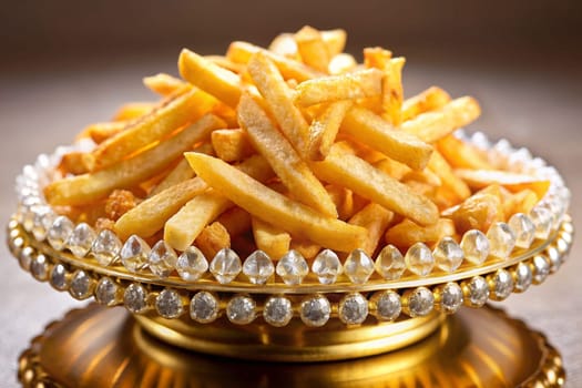 French fries in golden bowl with gems and crystals. Luxury fast food concept. French fries crown. Ai generated image