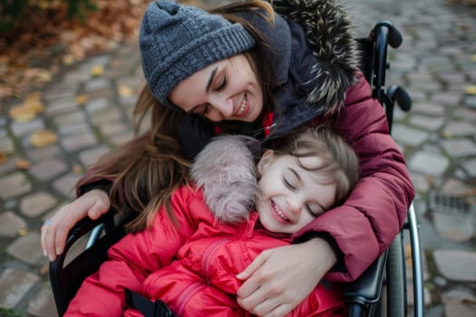 Mother hugs her little disabled daughter in a wheelchair. Disability, family, love concept.