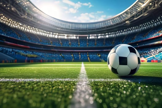 The soft glow of the morning sun illuminates a soccer ball resting on dew-covered stadium grass, creating a serene and captivating scene of tranquility and anticipation for the game ahead