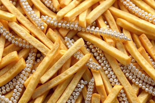 French fries with gems and crystals. Luxury fast food concept. French fries crown. Ai generated image