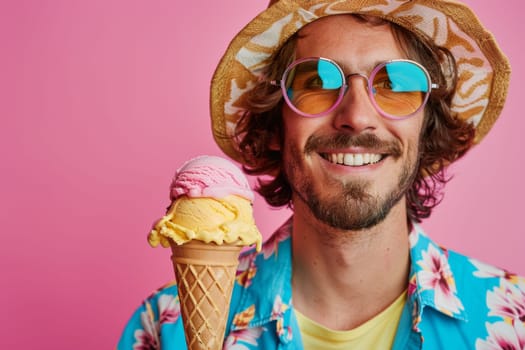 Studio shot of a gay man smiling and holding an pink and yellow ice cream cone in summer time isolated on pink.