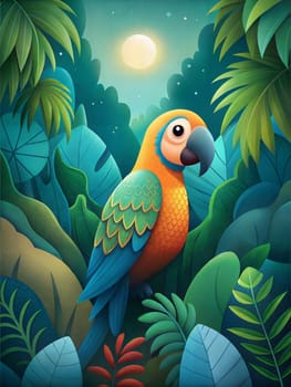 Tropical exotic macaw Ara parrot in the night jungle. Ai generated image