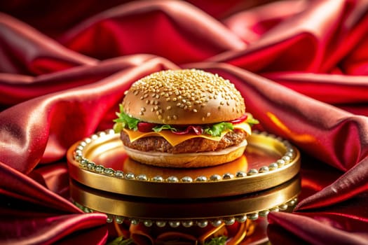 hamburger with cutlet, cheese, tomatoes, and green salad leaves on a gold plate on a red satin background. Luxury fast food concept. Ai generated image