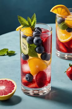 Tranquil image of fruit-infused water in a classy glass, glistening in the sunlight