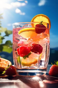 A refreshing drink of fruit-infused water beautifully presented in an elegant glass on a bright day