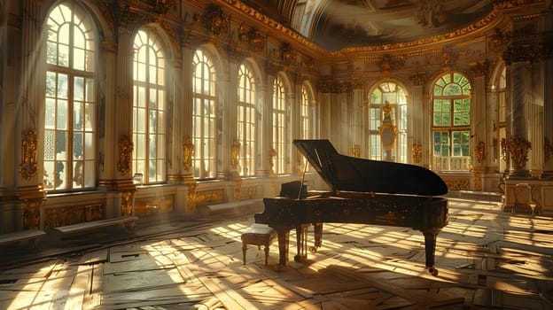 A grand piano is elegantly placed in a room with expansive windows, showcasing the beauty of the wood flooring and interior design