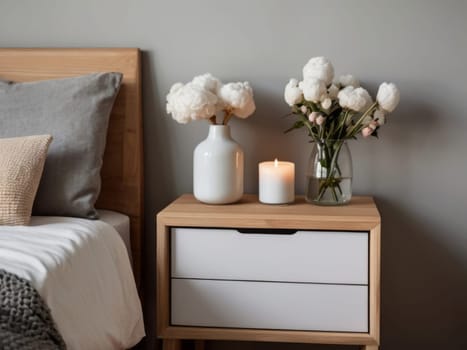 Scandinavian elegance captured in a nightstand setup with a lamp and delicate flowers, creating a peaceful bedroom atmosphere