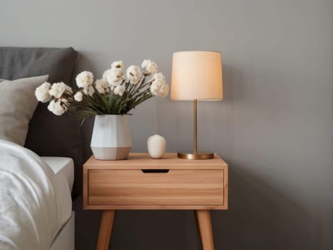 Simple yet sophisticated nightstand decor with a lamp and a bouquet of flowers, reflecting the beauty of Scandinavian interior design