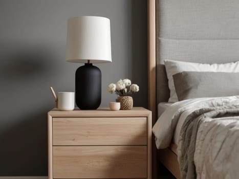 A cozy nightstand with a stylish lamp and fresh flowers, adding charm to the bedroom. Minimalist Scandinavian home interior design