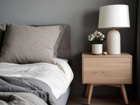 Elegant nightstand featuring a lamp and a vase of flowers, illuminating the tranquil bedroom. Scandinavian-inspired home decor