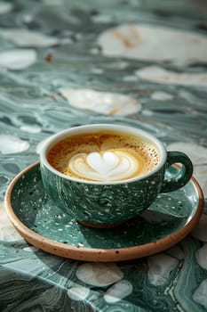 A coffee cup filled with a delicious cappuccino sits on a saucer atop a table, surrounded by other drinkware like Wiener melange and Cortado