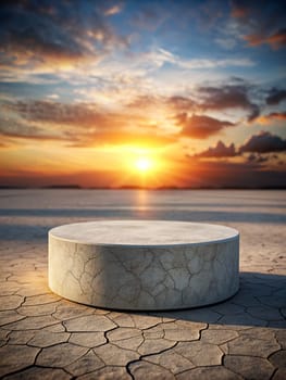 Round white podium for displaying goods for advertising against the background of a desert and cracked ground. Ai generated image