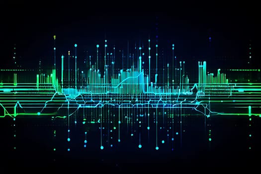 Neon lights shine brightly against a dark background, casting vibrant colors across the scene. Sound waves ripple through the visual, creating a dynamic and energetic atmosphere. The contrast between the darkness and the neon lights enhance the visual impact, while the waves add a sense of movement and rhythm to the composition.