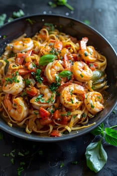 A delicious dish of pasta with succulent shrimp, juicy tomatoes, and fragrant basil leaves, all beautifully served on a table