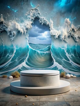 Round white podium for displaying goods for advertising against the background of a tsunami and cracked wall. Ai generated image