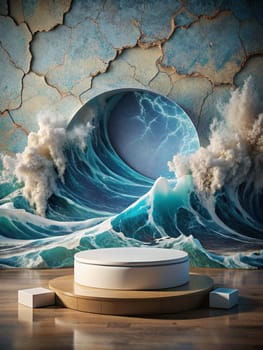 Round white podium for displaying goods for advertising against the background of a tsunami and cracked wall. Ai generated image