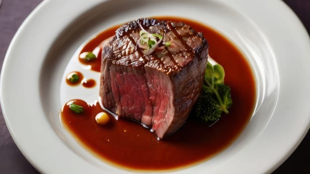 A beautifully seared gourmet beef steak topped with elegant garnish, served in a sophisticated fine dining setting. The luxurious ambiance adds to the overall exquisite culinary experience
