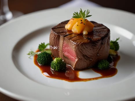 Savor a gourmet beef steak dish artfully garnished in an elegant fine dining setting, promising a feast for the senses