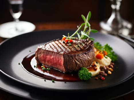 Savor a gourmet beef steak dish artfully garnished in an elegant fine dining setting, promising a feast for the senses