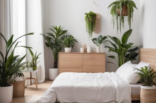Cozy home garden, bedroom in white and wooden tones. Close-up: bed, parquet floor, and numerous houseplants. Urban jungle interior design. Biophilia concept
