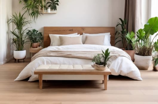 Interesting corner in a home garden, bedroom in light tones with wooden elements. Featuring: bed, parquet floor, and plenty of potted houseplants. Urban jungle interior design. Biophilia concept