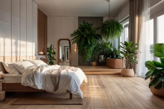 Comfortable ambiance in a home garden, bedroom in white and wooden design. Close-up: bed, stylish parquet, and a wealth of indoor plants. Interior with urban jungle elements. Biophilia concept