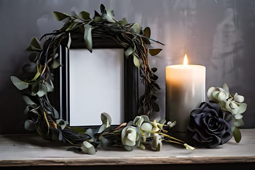 A candle and a bouquet of flowers are arranged neatly on a wooden table. The soft glow of the candle illuminates the delicate petals of the flowers, creating a warm and inviting atmosphere.