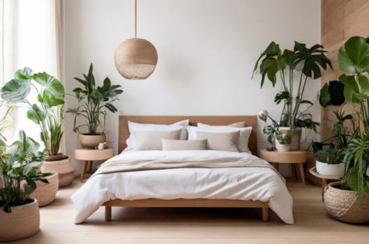 Interesting corner in a home garden, bedroom in light tones with wooden elements. Featuring: bed, parquet floor, and plenty of potted houseplants. Urban jungle interior design. Biophilia concept