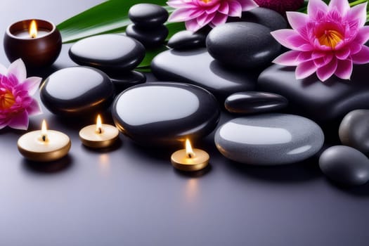 Spa gray background with massage stones, exotic flowers and copy space