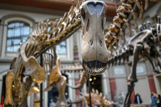 Belin, Germany - 20 December 2022: Main hall of Berlin museum of natural with skeletons of dinosaurs. Exhibition on prehistoric bones on dinosaurs.