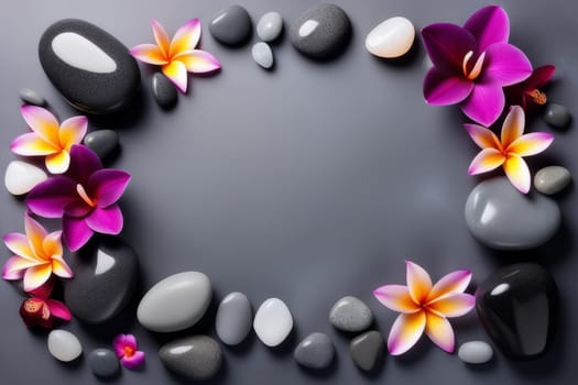 Spa gray background with massage stones, exotic flowers and copy space