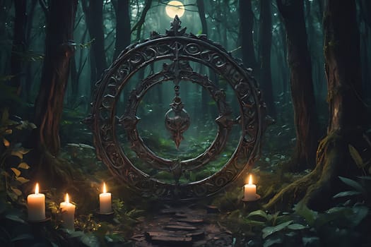 A path winds through a dense forest, with candles placed along the sides illuminating the way. The flickering flames cast a warm glow on the trees and foliage.