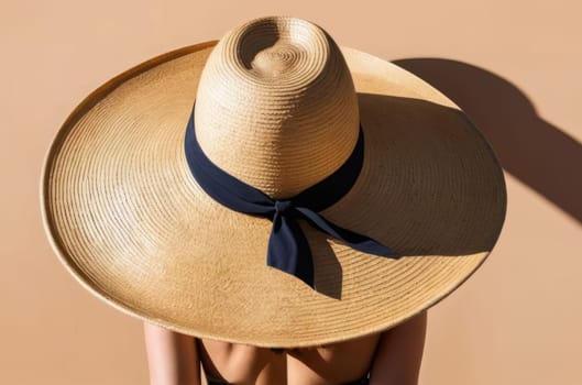 A woman in a spacious straw hat, on a golden beach