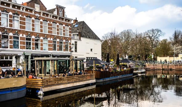 Hague, Netherland - 09 April 2023: Water Channel in the center of Hague in Holland