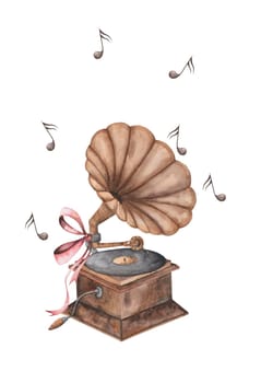 Gramophone watercolor. Postcard with a musical instrument and notes. Hand drawn isolated on white background. For invitations and cards for Music Day, International Dance and Cultural Worker Day. Vintage musical instruments