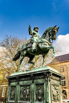 Hague, Netherland - 09 April 2023: Equestrian statue Stadtholder Prince William the 1st in the center of Hague, Netherland