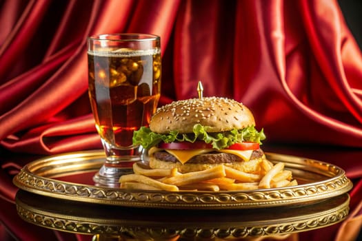 Hamburger, french fries and soda on a gold plate on a red satin background. Luxury fast food concept. Ai generated image