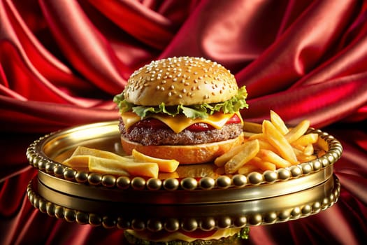 Hamburger and french fries on a gold plate on a red satin background. Luxury fast food concept. Ai generated Ai generated image