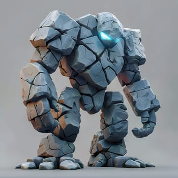 A 3D sculpture of a rock monster with electric blue eyes standing on a gray surface. The creative arts piece showcases intricate details and patterns