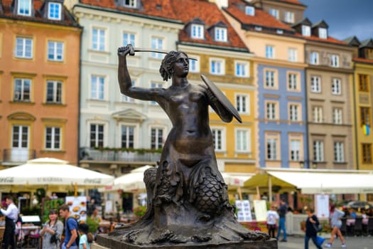 Warsaw, Poland - 10 August 2023: Mermaids Statue In The Center Of Warsaw In Poland Mermaid Is A Symbol Of The City